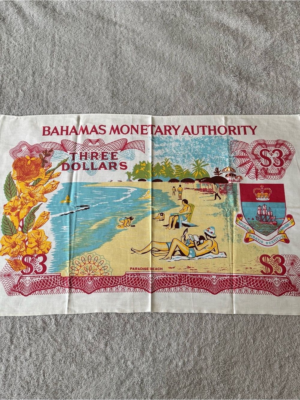 Vintage Bahamas Monetary Authority Three‎ Dollars Beach Print Tea Towel